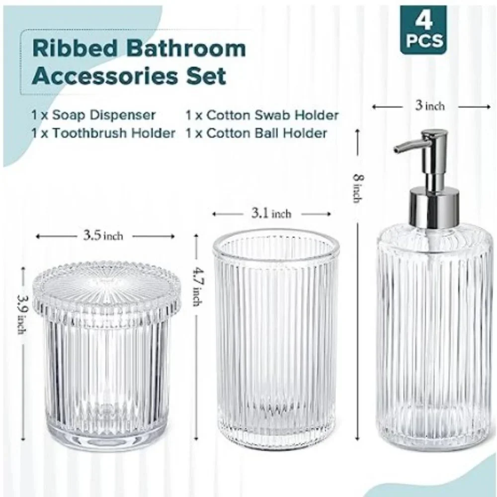 4 pc - Ribbed Glass Bathroom Accessory Set  (Clear)